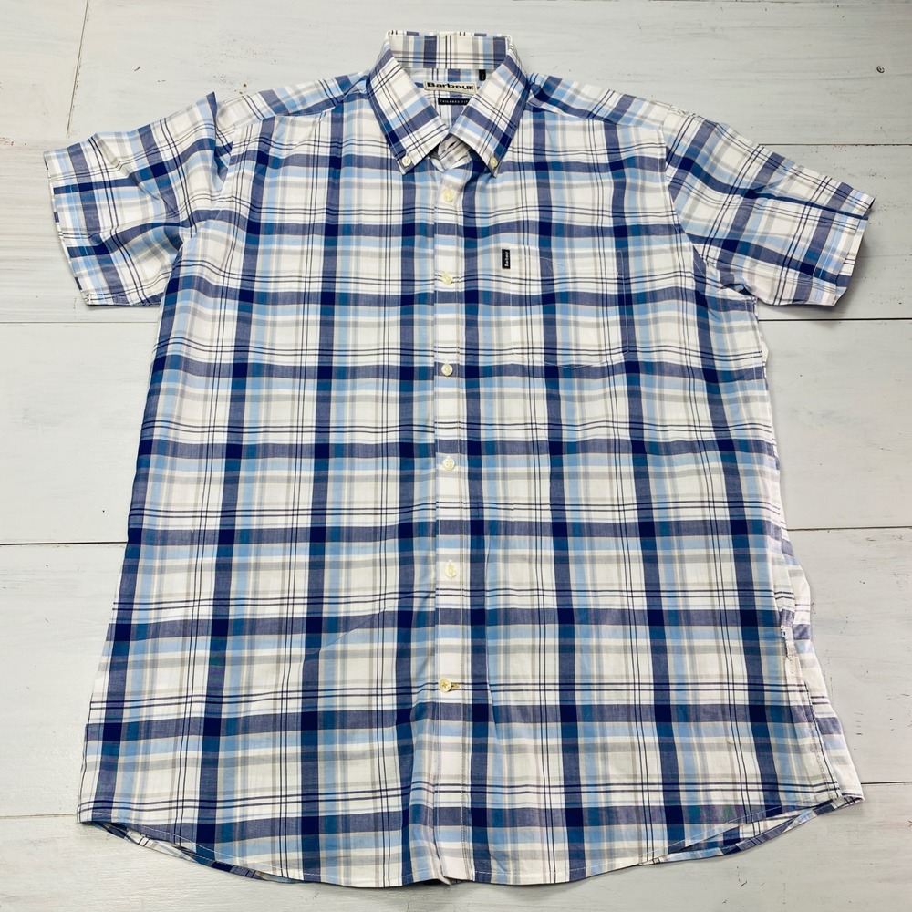 Barbour Plaid Shirt Mens M Blue White Tailored Fit Short Sleeve Button Down